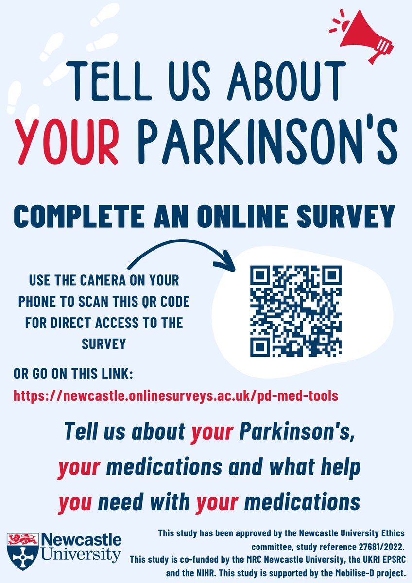 🚨 Our international survey on #Parkinson, wearables and medication is still ongoing🚨

So far we have 213 respondents from 🇬🇧🇧🇪 🇮🇪 🇮🇱 🇺🇸

Survey link: newcastle.onlinesurveys.ac.uk/pd-med-tools

Please RT & share 😀