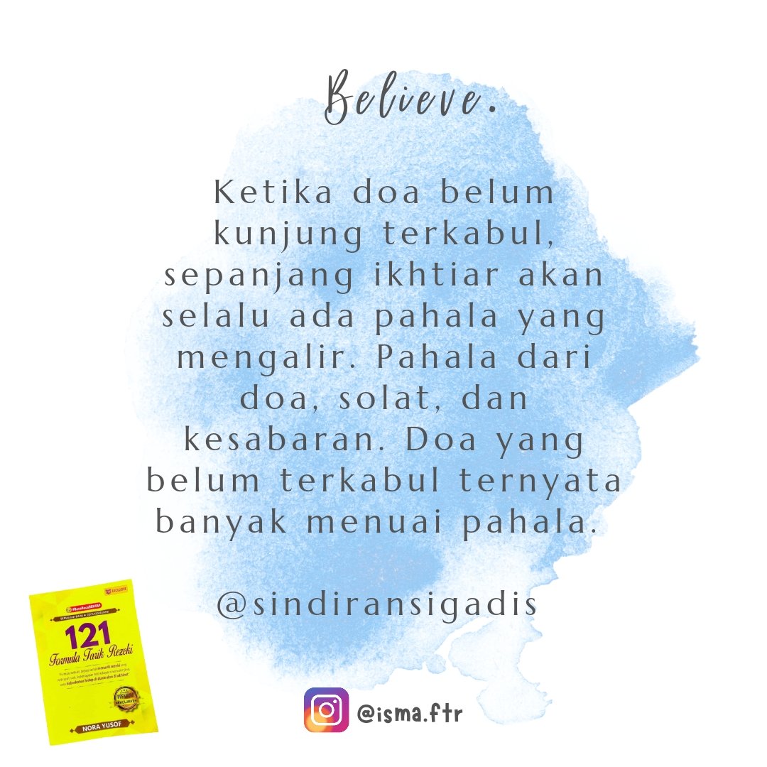 IsmaFtr's tweet image. Jika orang lain boleh bahagia, kita pun boleh bahagia. Cuma perlu waktu sabar saja. Pasti kebahagiaan itu akan kita rasa suatu hari nanti.

Percayalah dan yakinlah perancangan Allah. Jangan pernah putus asa untuk berdoa. "Buang segala perasaan negatif."  

@sindiransigadis