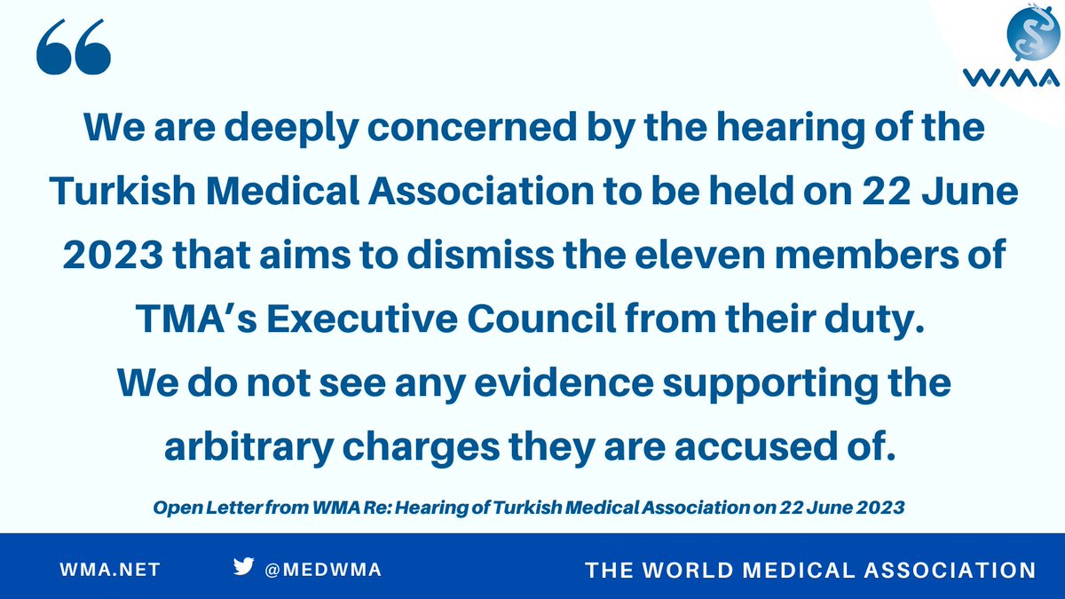 medwma's tweet photo. Open Letter from WMA regarding the upcoming Hearing of Turkish Medical Association on 22 June 2023: https://t.co/HOOrrlt9QH
#supportTMA https://t.co/GbrdFPE60z