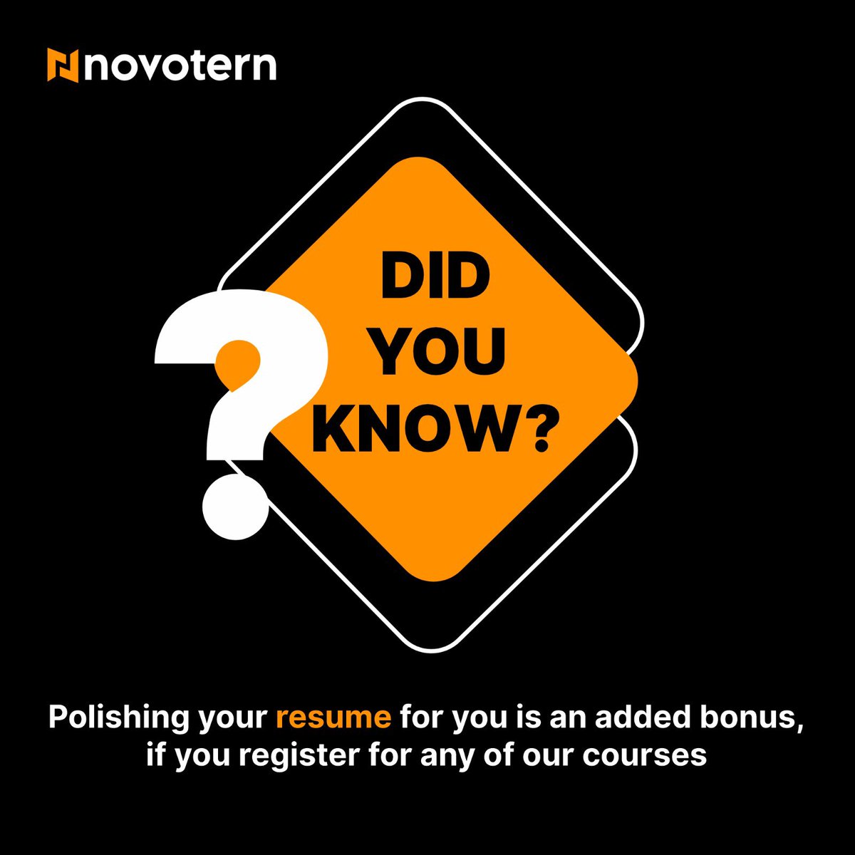 novotern's tweet image. A resume is an essential tool when you're searching for a new job. It is important to polish your resume and make it look as appealing and properly formatted as possible. Which is one of perks of enrolling in any of our courses.
#novotern #resume #techcourse #techcareer