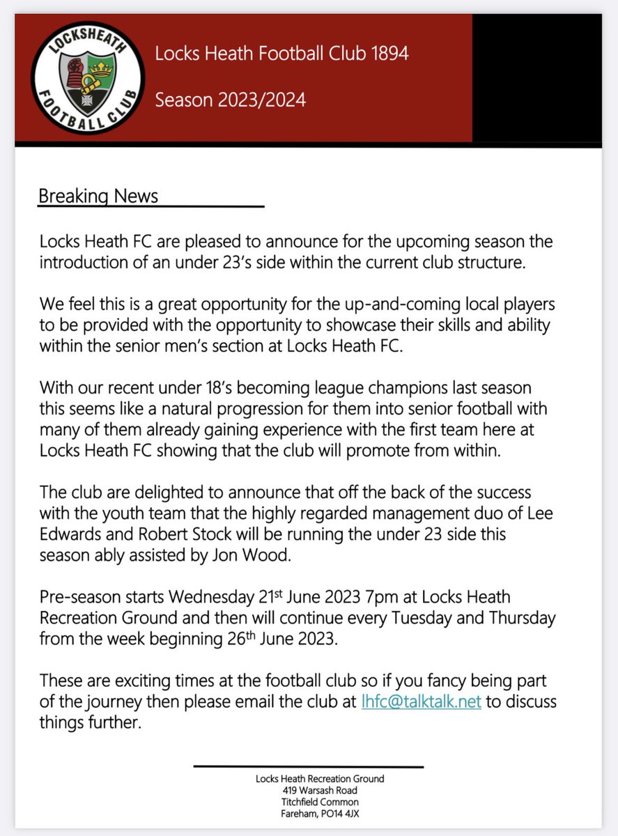 🔴⚫️🔴⚫️

Some exciting and breaking news coming out of the Locks Heath FC HQ this morning.

Please see below for more details.

#UTL
#StrongerTogether  

🔴⚫️🔴⚫️