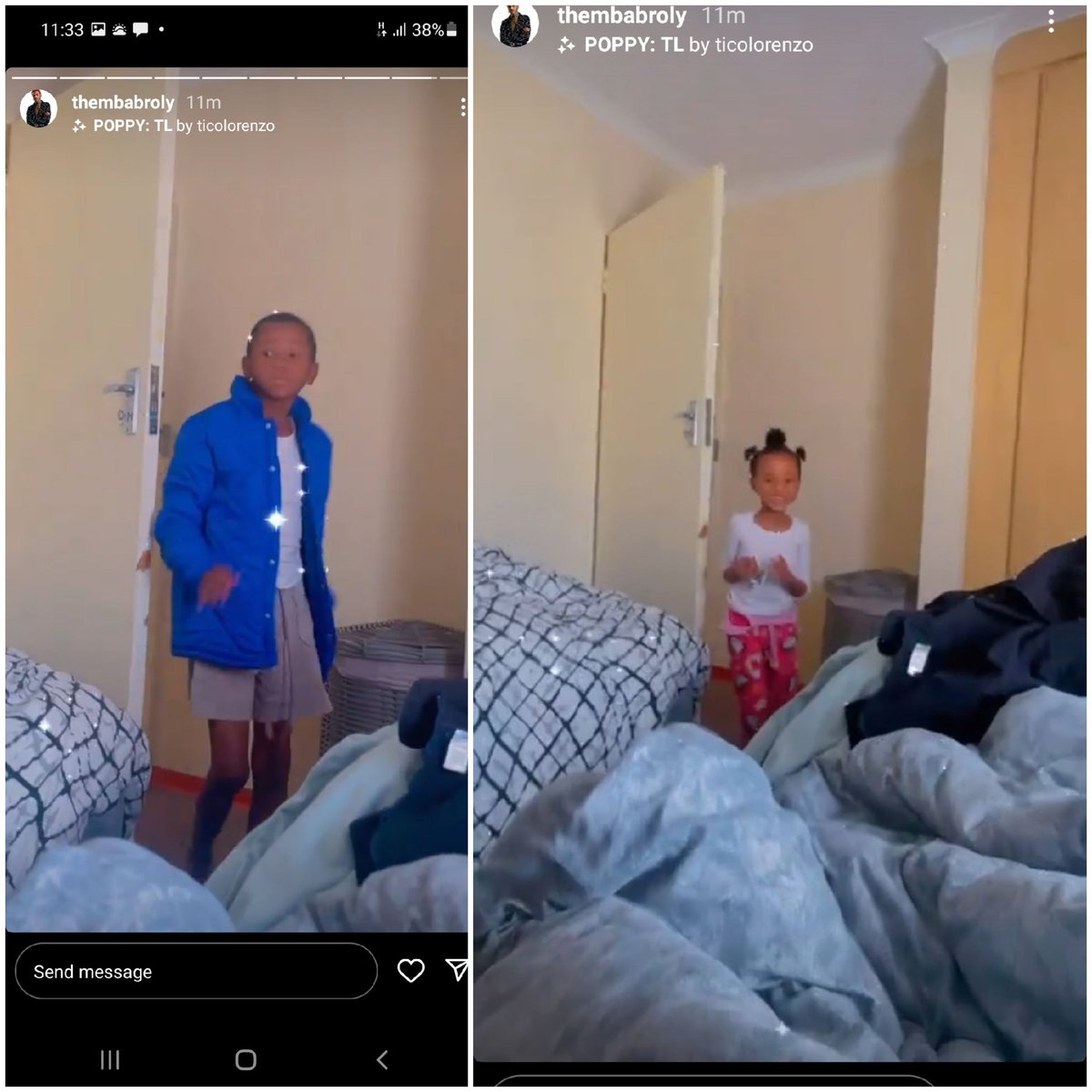 Early in the morning my King is already playing games with Mpends and Khanya. Asking them :ugezile?' But they are still in pajamas 😅🤣😂😹😆 from ThembaBroly IG