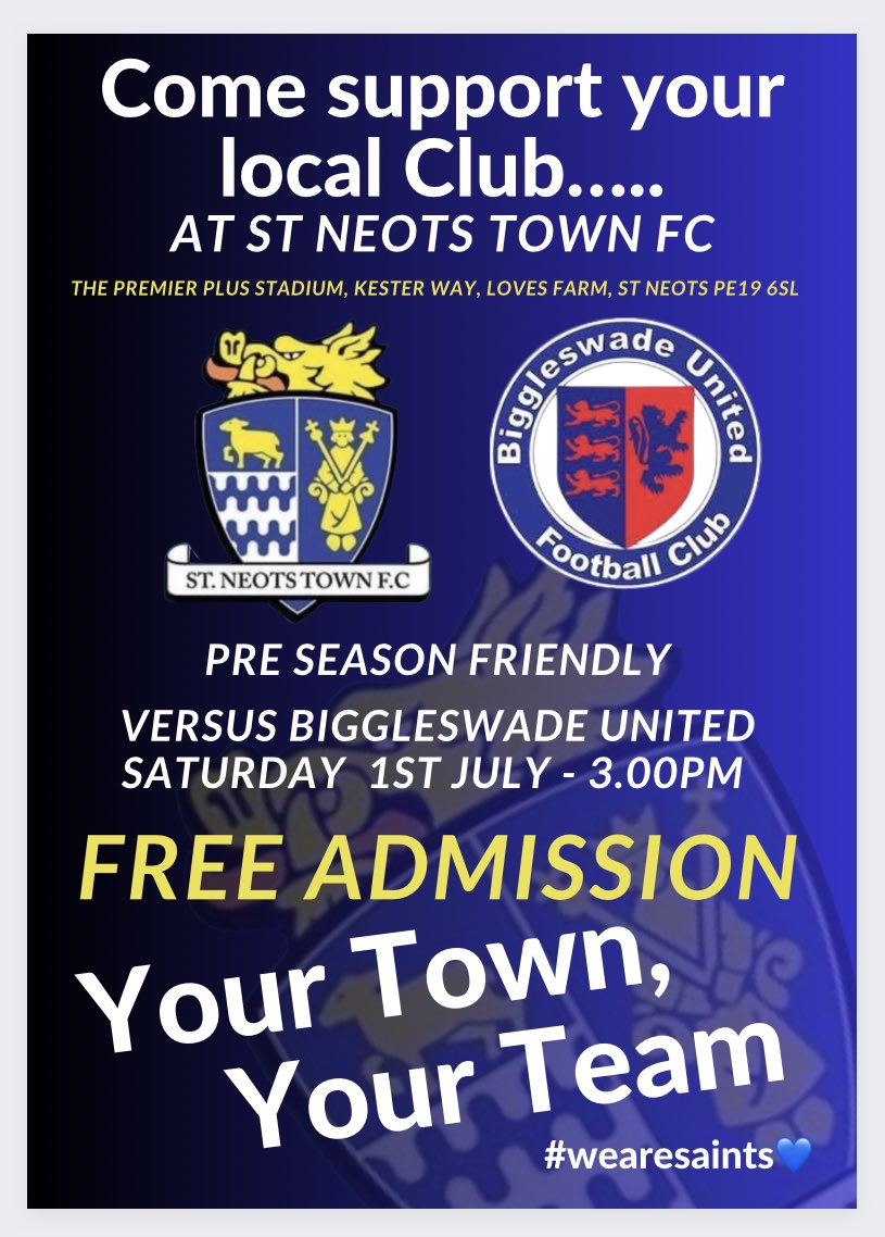 With @cameron2mawer and @GeorgeThorne34 ‘s new look Saints squad back in for training next Thursday, our first PSF against @Biggleswadeutd is rolling round real fast now. Don’t forget - admission is FREE FOR ALL for this game so come along and support local non league football