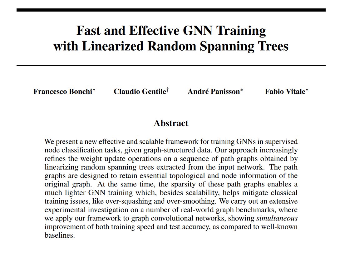 FrancescoBonchi's tweet photo. 📢New pre-print alert🚨"Fast and Effective GNN Training with Linearized Random Spanning Trees" 
https://t.co/FhHN5zqj7m
or how to avoid #Oversquashing and #Oversmoothing 
with @apanisson @FabioVi12599694 and @cla_gentile #GNN #MachineLearning https://t.co/twHotIGg55