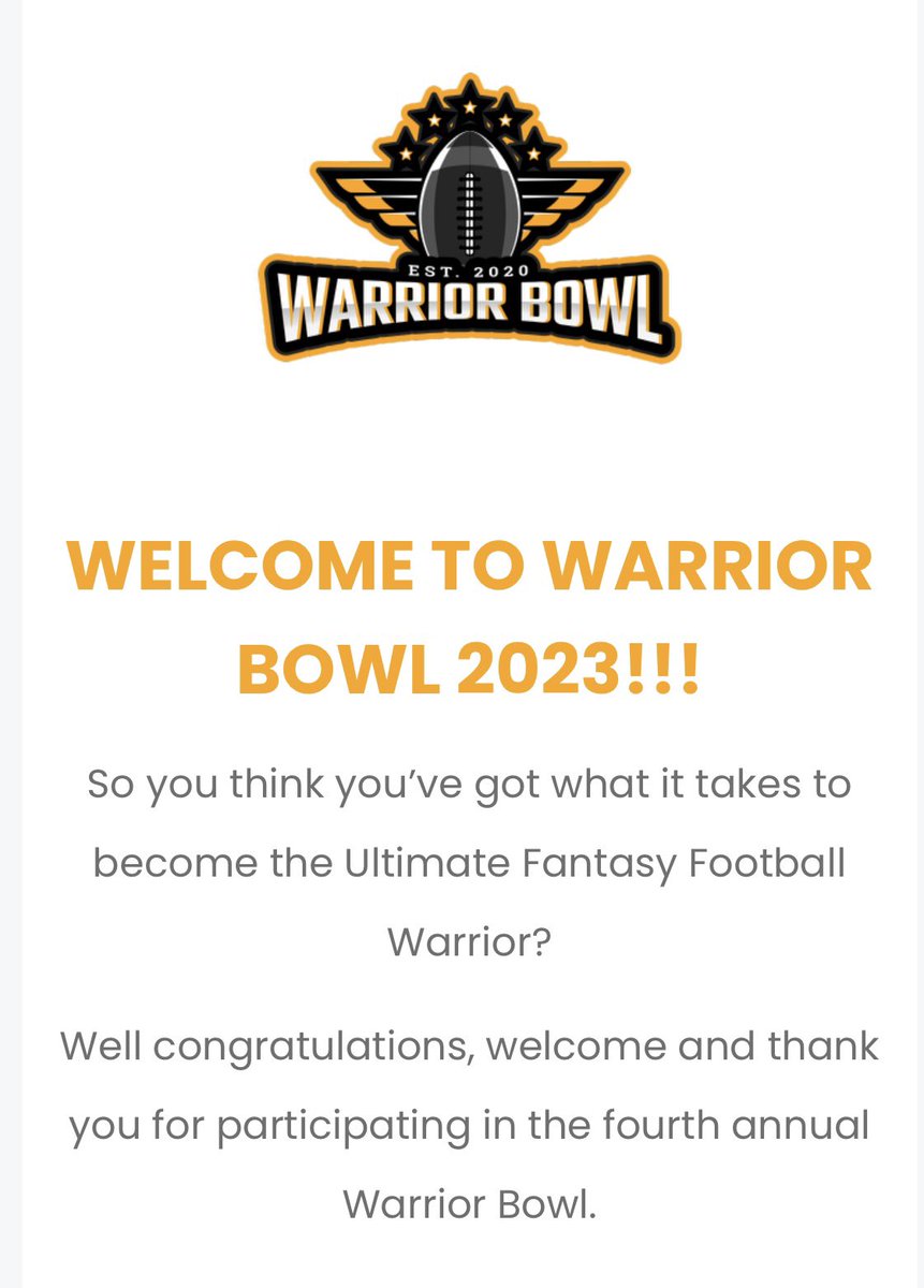 Mark Dodd 𓅪 (@markcdodd) on Twitter photo Get in! Excited to be part of my first Warrior Bowl. An awesome fantasy comp raising cash for some very worthy causes💪
#WB2023 <a href="/WarriorBowl/">Warrior Bowl</a> Get in! Excited to be part of my first Warrior Bowl. An awesome fantasy comp raising cash for some very worthy causes💪
#WB2023 <a href="/WarriorBowl/">Warrior Bowl</a>