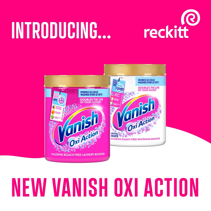 ThisIsReckitt's tweet photo. Have you seen our latest innovation in sustainable products? New Vanish Oxi Action removes tough stains even at 20°C, and protects fabrics and colours. A colder wash means less CO2 emissions, and the packaging is made of PCR plastic. #ThisIsReckitt https://t.co/0xSQez1jO0