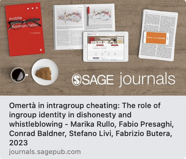 ✍️#Omertà in intragroup cheating: The role of ingroup identity in dishonesty and whistleblowing : publication of @MarikaRullo @unisiena, Fabrizio Butera @ps_unil @sspunil @FPresaghi @ConradBaldner Stefano Livi @SapienzaRoma bit.ly/3N7n4un