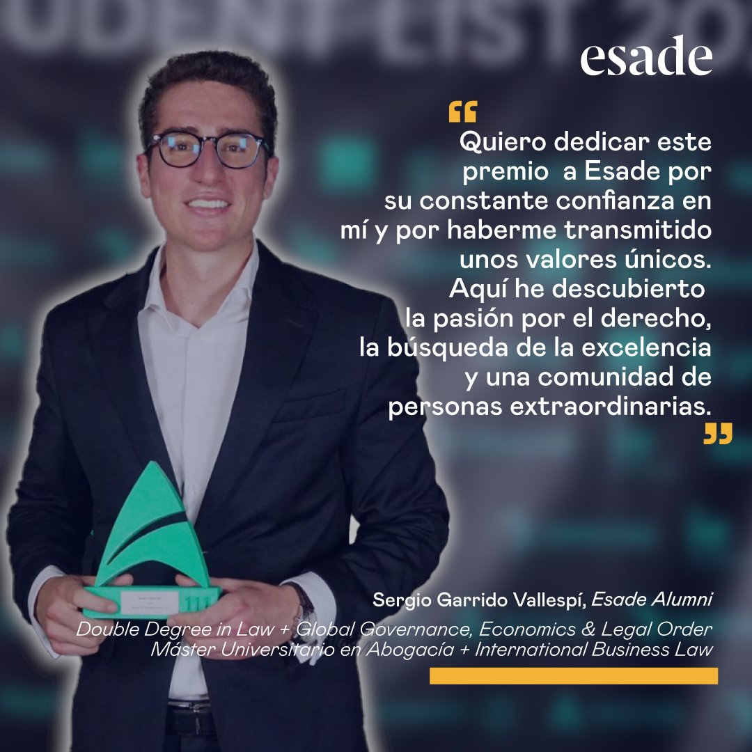 Sergio Garrido, antiguo alumno del #EsadeMUA, ha sido nombrado como uno de los 10 mejores estudiantes de derecho en los Premios @NovaTalent_ 111 Student List. ¡Enhorabuena por este merecido reconocimiento, Sergio! 👏  Es un orgullo tenerte en la #EsadeFamily