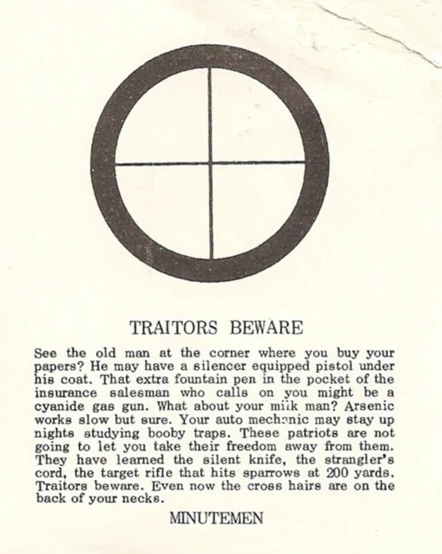 GwarWorin's tweet photo. “TRAITORS BEWARE”, a warning sticker printed in the newsletter “On Target” published by the anti-communist militia group “The Minutemen”, 1960s
#propagandaposters