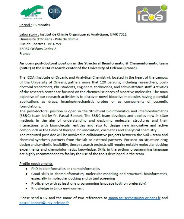 A 15 months postdoctoral position in Chemoinformatics is available @ICOA_SBC @ICOA_UMR7311 @Univ_Orleans