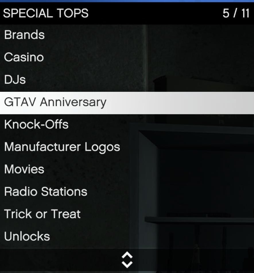 GTAV Anniversary section added to Special Tops category 

#GTAOnline