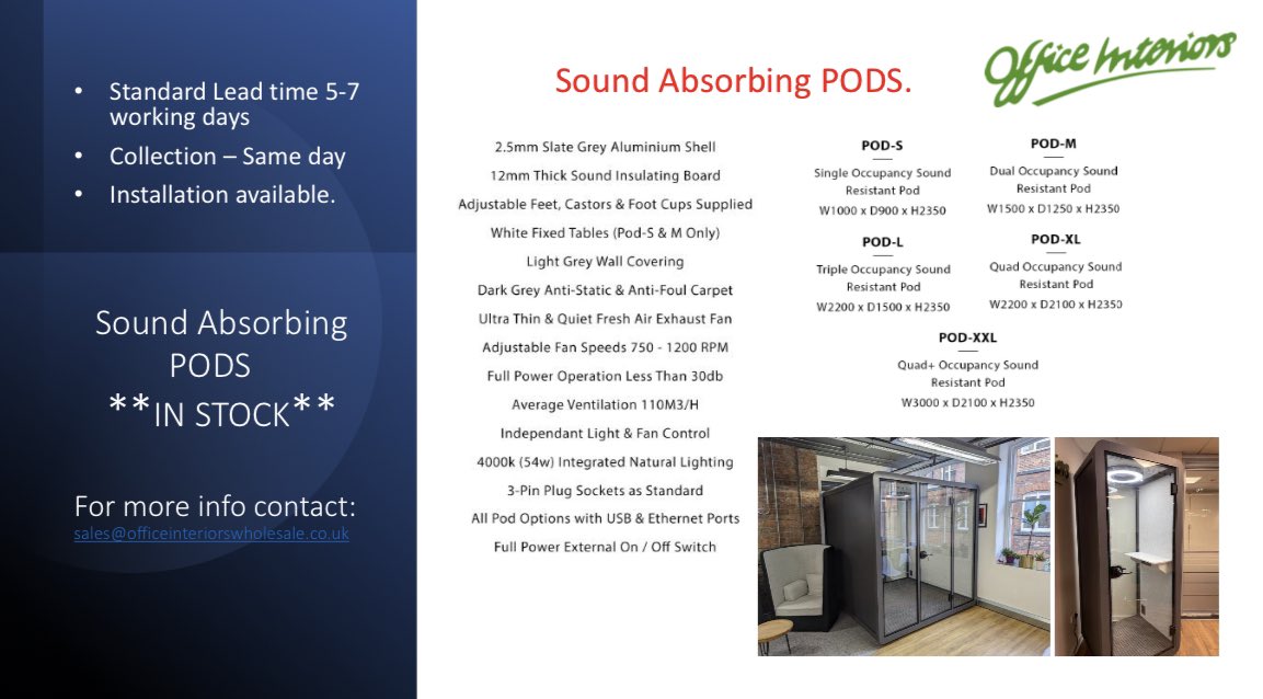 OFFICEINTERIOR5's tweet photo. Sound absorbing pods in stock, sizes available - small, medium, large, extra large, and XXL. Installation available upon request. Contact Sales@officeinteriorswholesale.co.uk for further info. #pods #quietroom #meetingroom #meetings #thinkingroom #podcasting #pod #podcast #office https://t.co/q2W5fqzo5g