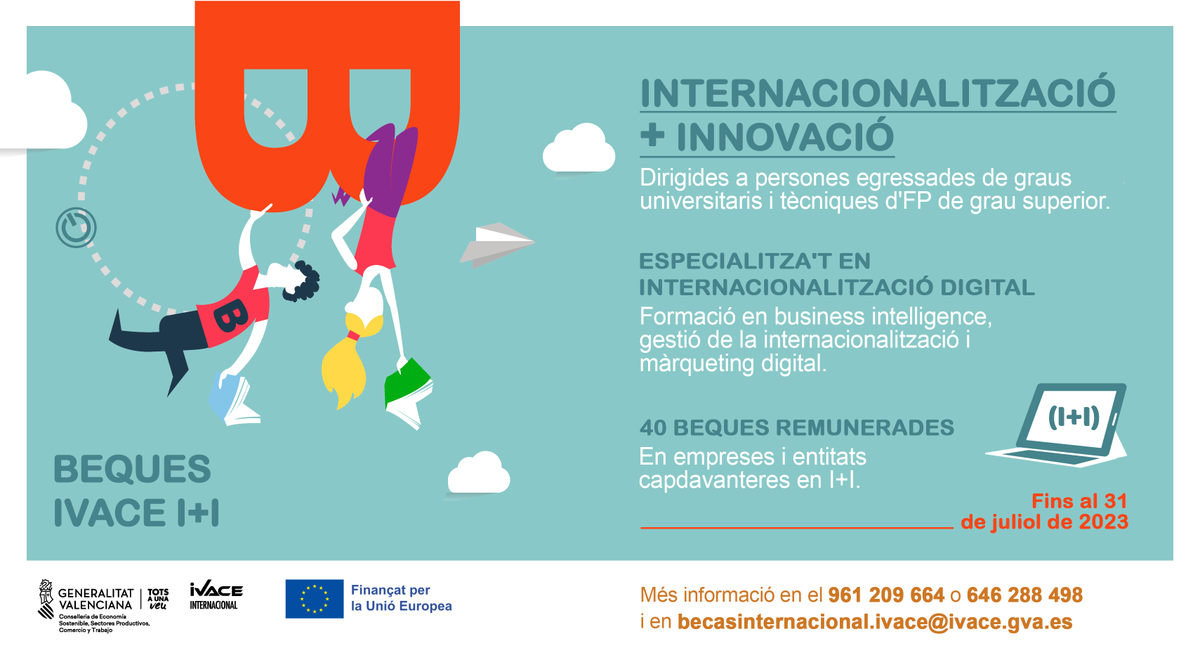 GVAivaj's tweet image. Ets menor de 30 anys i tens ganes de realitzar formació pràctica en empreses? Açò és per a tu. 👇

Les #beques IVACE I+I 2023 persegueixen dotar les entitats de la #ComunitatValenciana de personal qualificat i especialitzat en estratègies digitals, mitjançant una formació teòrica