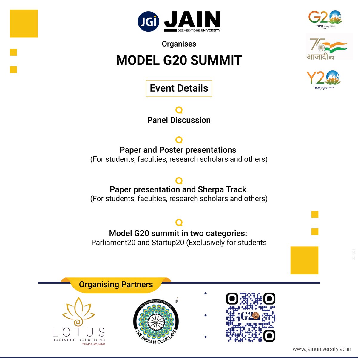 Jain_Grp's tweet photo. Join the Model G20 Summit at JAIN (Deemed-to-be University) on July 6th-7th, 2023! Be a part of shaping global policies and making a difference. Students, faculty, and research scholars register by June 15th!  Register: https://t.co/po0LEW3INY 

#ModelG20Summit #JAINUniversity https://t.co/OgvEpywOcb