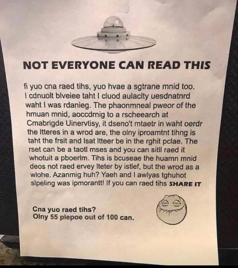 theblazedspirit's tweet photo. If you can read this considering yourself very smart because only 5 people out of 100 can read this!
#readingtest #BrainTeaser https://t.co/9G9xZxyXCB