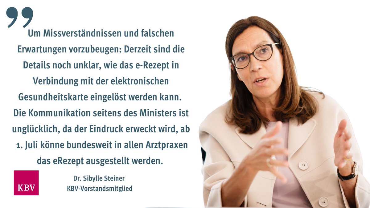 kbv4u's tweet photo. Zur Ankündigung des Bundesgesundheitsministers @Karl_Lauterbach zum Start des #eRezept|es am 1. Juli erklärt KBV-Vorstandsmitglied Dr. Sibylle Steiner:
(1/2) https://t.co/wzbzMMvUTn