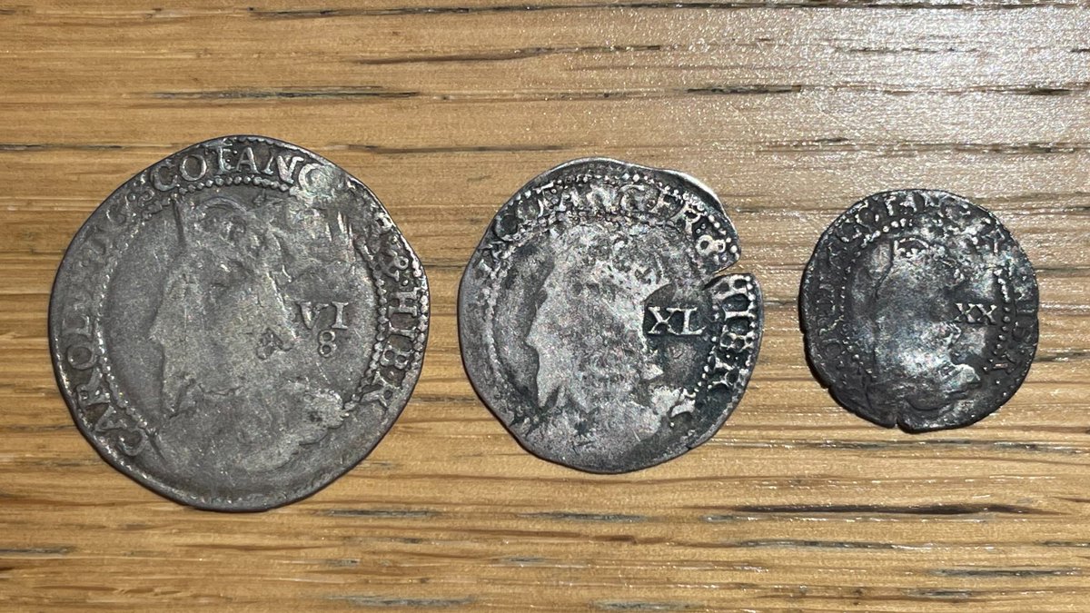 Coins of Charles I's 2nd Scottish coinage, dating to 1636. From left to right: half merk (6 shillings 8 pence), 40 pence & 20 pence. They are the last Scottish coins to be made using the hammered method. #Numismatics #ScottishHistory