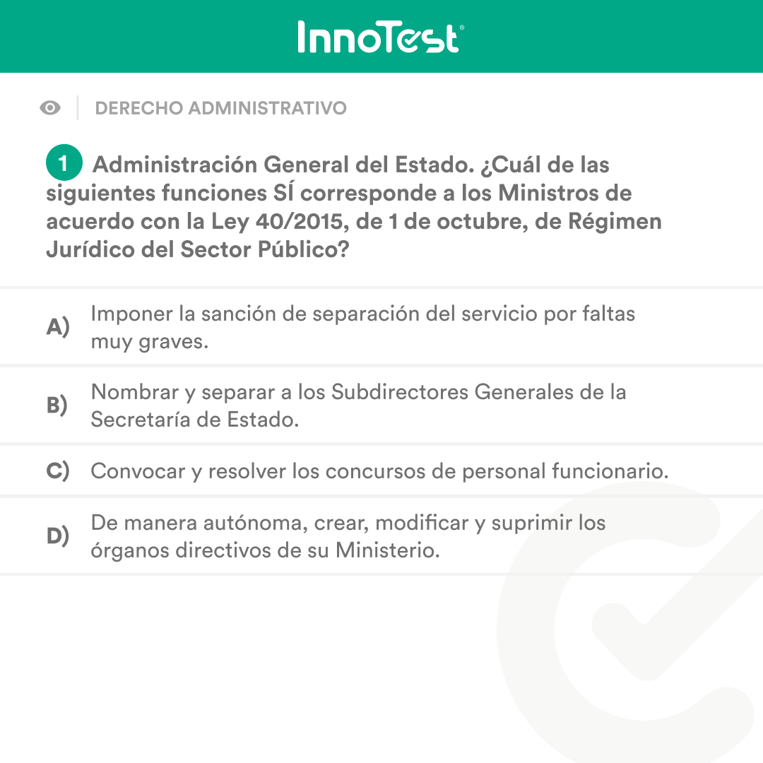 InnoTestES's tweet photo. ¡A por la #InnoPregunta del día!💪
¿Dominas el Derecho Administrativo? ¡Es hora de demostrarlo! 😉 De acuerdo con la Ley 40/2015, ¿cuál de las siguientes funciones SÍ corresponde a los Ministros?
Deja tu respuesta y mañana publicamos la solución. 💬 https://t.co/jZ6K6JmDap