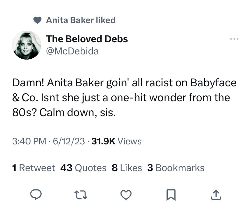 She deleted this post but I imagine because she was getting bashed for this dumb bleepin tweet. Anita Baker a one hit wonder gurllllll bye. One hit wonders do not sellout venues when on tour 😂They’re the opening act not the headliner. Bless her heart.