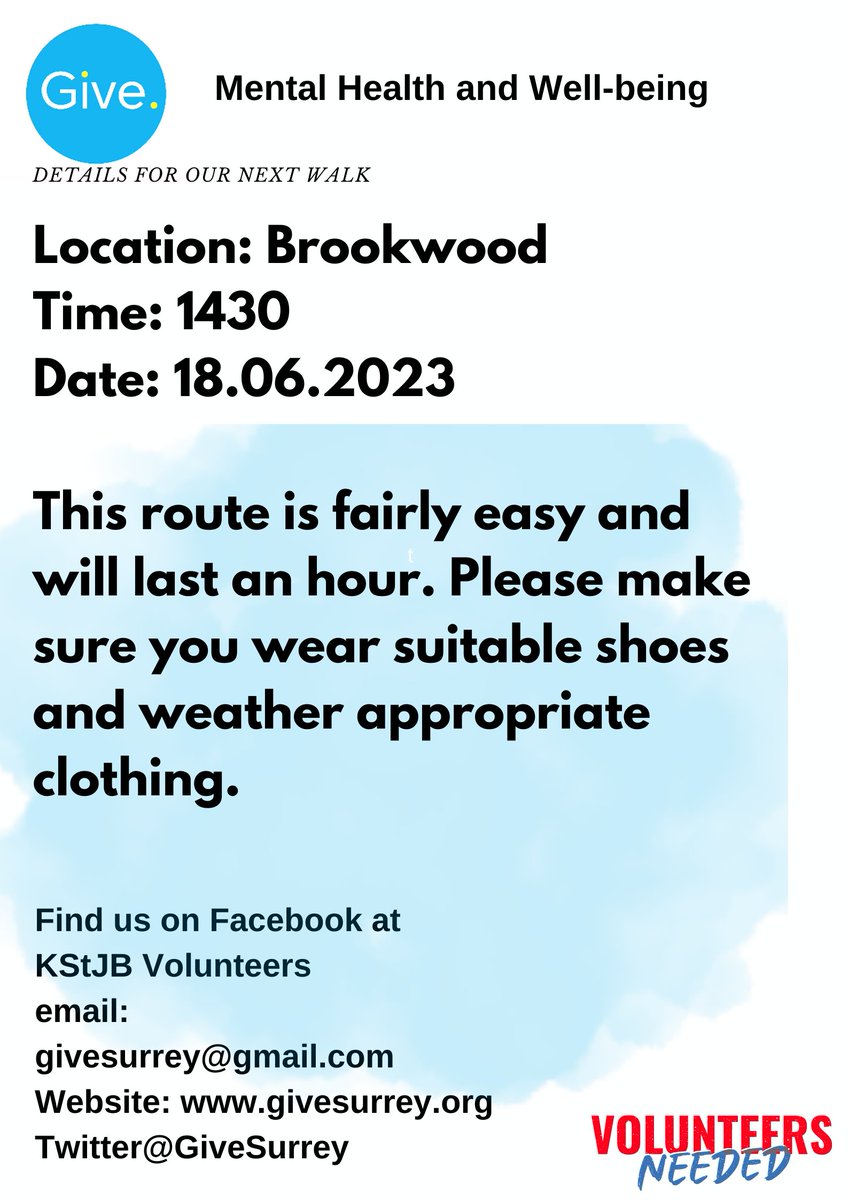 Details for our next walk in #Woking 
Please email givesurrey@gmail.com if you'd like to join us. 
 #WalkingforMentalHealth
#GiveSurrey
givesurrey.org 
<a href="/wokingcouncil/">Woking Council</a> @ActiveSurrey
