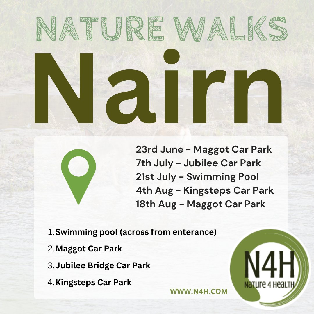 Join Nature 4 Health in #Nairn for a Nature Walk for #Wellbeing! 🚶

The walks take place every second Friday from 1.30-3pm and offer a chance for you to connect with nature and others in a beautiful setting. 

n4h.co.uk/nature-walks-f…