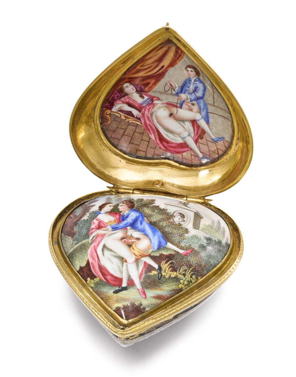 WhoresofYore's tweet photo. This 18th century 18k gold, heart shaped watch, is inlaid with rubies, and contains hidden erotic scenes. It is signed by James Cox &amp; sold at Christie’s auction house last November for just over £44,000. https://t.co/aPiCBlqFut