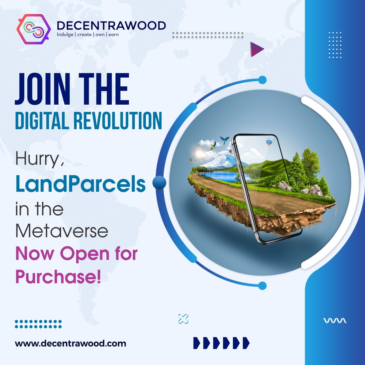 Wait is over
Claim Your Virtual Realm Today! Exclusively launching our decentrawood landparcel go and buy Your landparcel to build Your virtual world .

#decentrawood #metaverse #metaland #VirtualReality  #landparcel #digital #lunch