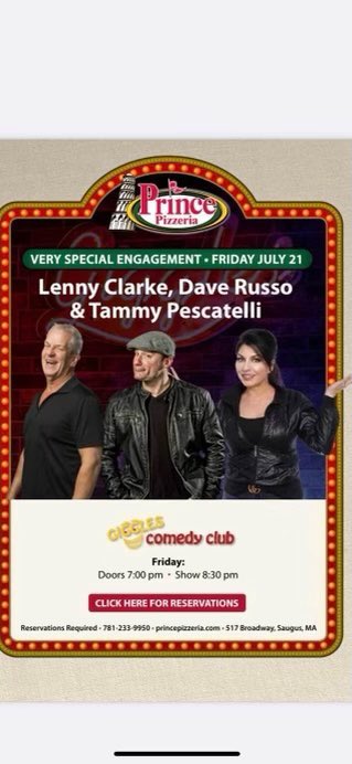 July 21 w/<a href="/ItsLennyClarke/">Lenny Clarke</a> and <a href="/BostonComedian/">Dave Russo Boston comedian</a>  at Giggles Comedy Club in #SaugusMA