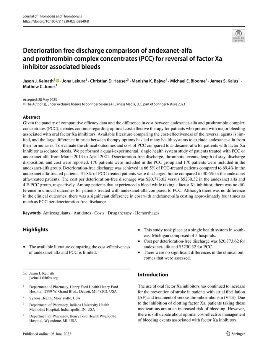 salia_farrokh's tweet photo. It’s perfect time for institutions to share their outcomes!  
🩸Among patients with a bleed while taking a FXa inhibitor, there was no difference in clinical outcomes for andexanet-alfa vs PCC! 
💲There was a significant difference in cost with andexanet-alfa costing  ~4x more! https://t.co/ovlMXDvUJl