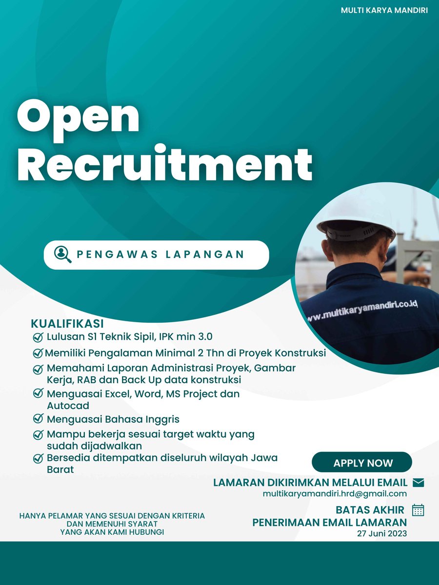 Kami membuka Lowongan Pekerjaan untuk S1 Teknik Sipil untuk posisi Pengawas Lapangan, hanya peserta yang memenuhi persyaratan yang kami proses. #lowongankerja #LokerBdg #LowonganKerjaTeknikSipil