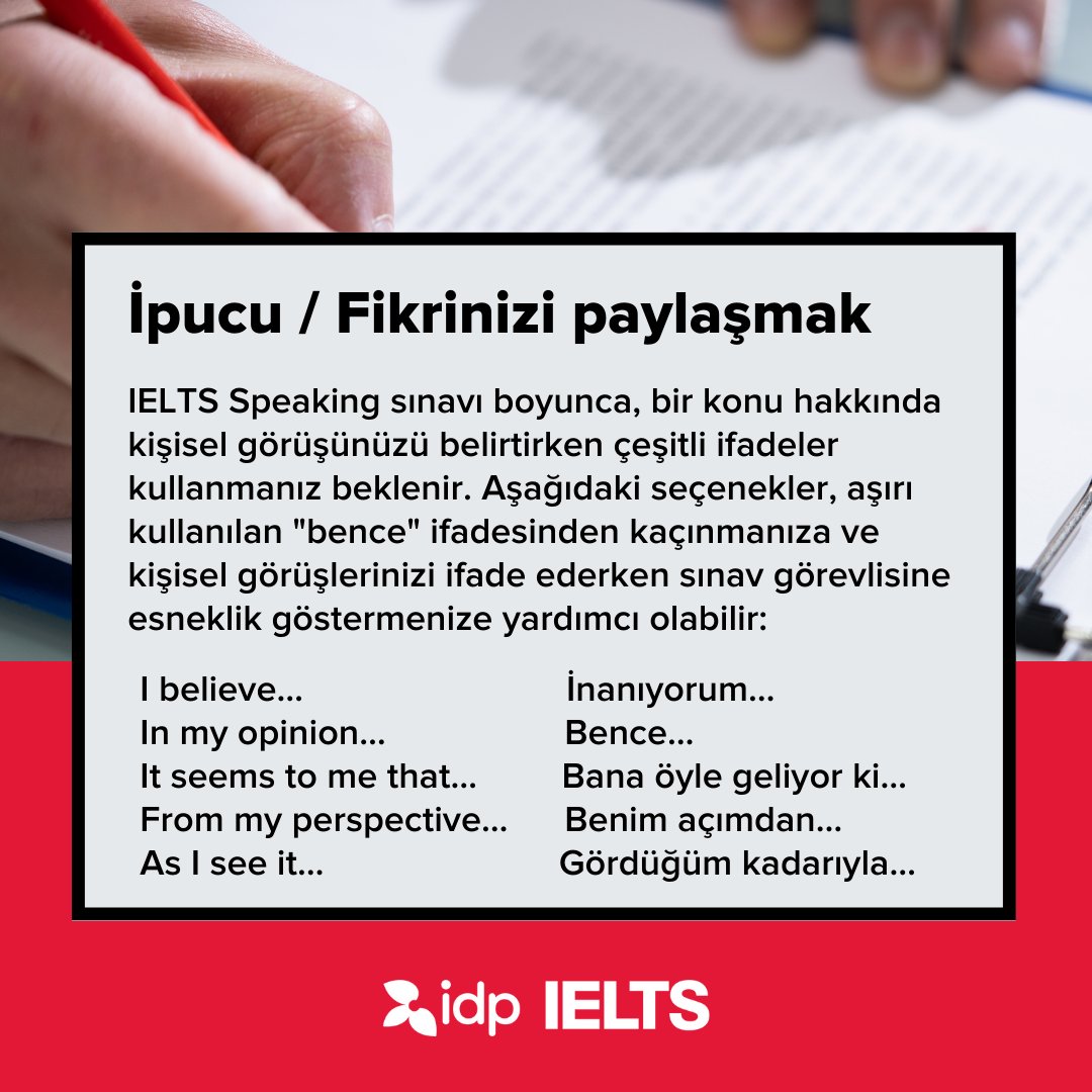 Fikrinizi paylaşmak

IELTS Speaking sınavı boyunca, bir konu hakkında kişisel görüşünüzü belirtirken çeşitli ifadeler kullanmanız beklenir. 

#IDPEducation #IELTS #IELTSTest #IELTSSpeaking #IELTSTips #Pronunciation #English