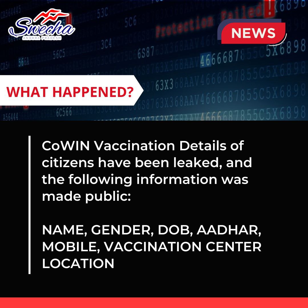 SwechaAP's tweet photo. This personal data could be misused leading to privacy and safety issue of users. We appeal to govt rather than just denial, explain how this happened if the data leak isn't true... #CoWinDataLeak https://t.co/guDuE79em9