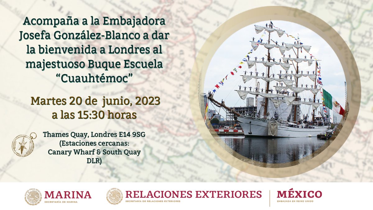 ⚓️Con enorme gusto anunciamos que nuestro querido Buque Escuela "Cuauhtémoc"🇲🇽, arribará a Londres, 🇬🇧, el martes 20 de junio como parte del Crucero de Instrucción "Ibero-Bizantino 2023". 
Les invitamos a darle la bienvenida con sus familiares y amigos, será una gran experiencia!