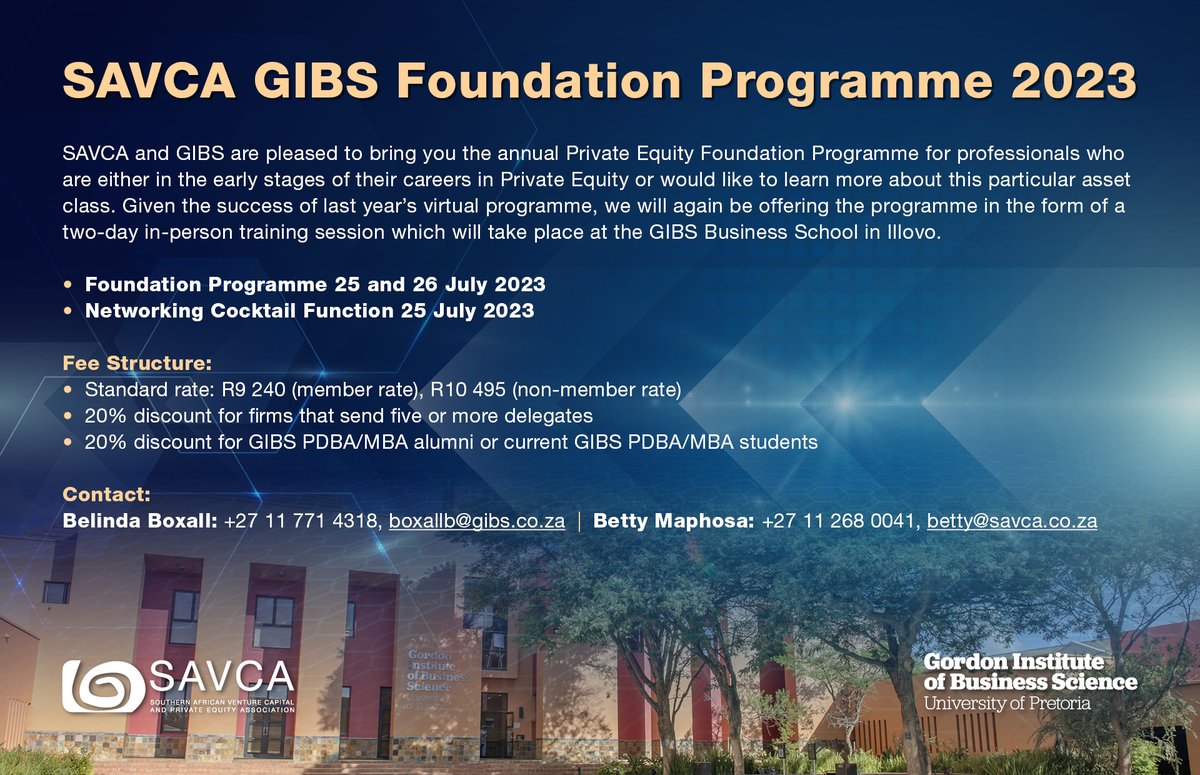 SAVCAssociation's tweet photo. Registration for the SAVCA GIBS Foundation Programme 2023 is now open. SAVCA members can click here to register: https://t.co/LuN1NfwxsW members can click here to register: https://t.co/YAD76rDYHR #GIBS #SAVCA https://t.co/WxsCWCpQJp https://t.co/u6xYo4aCpX