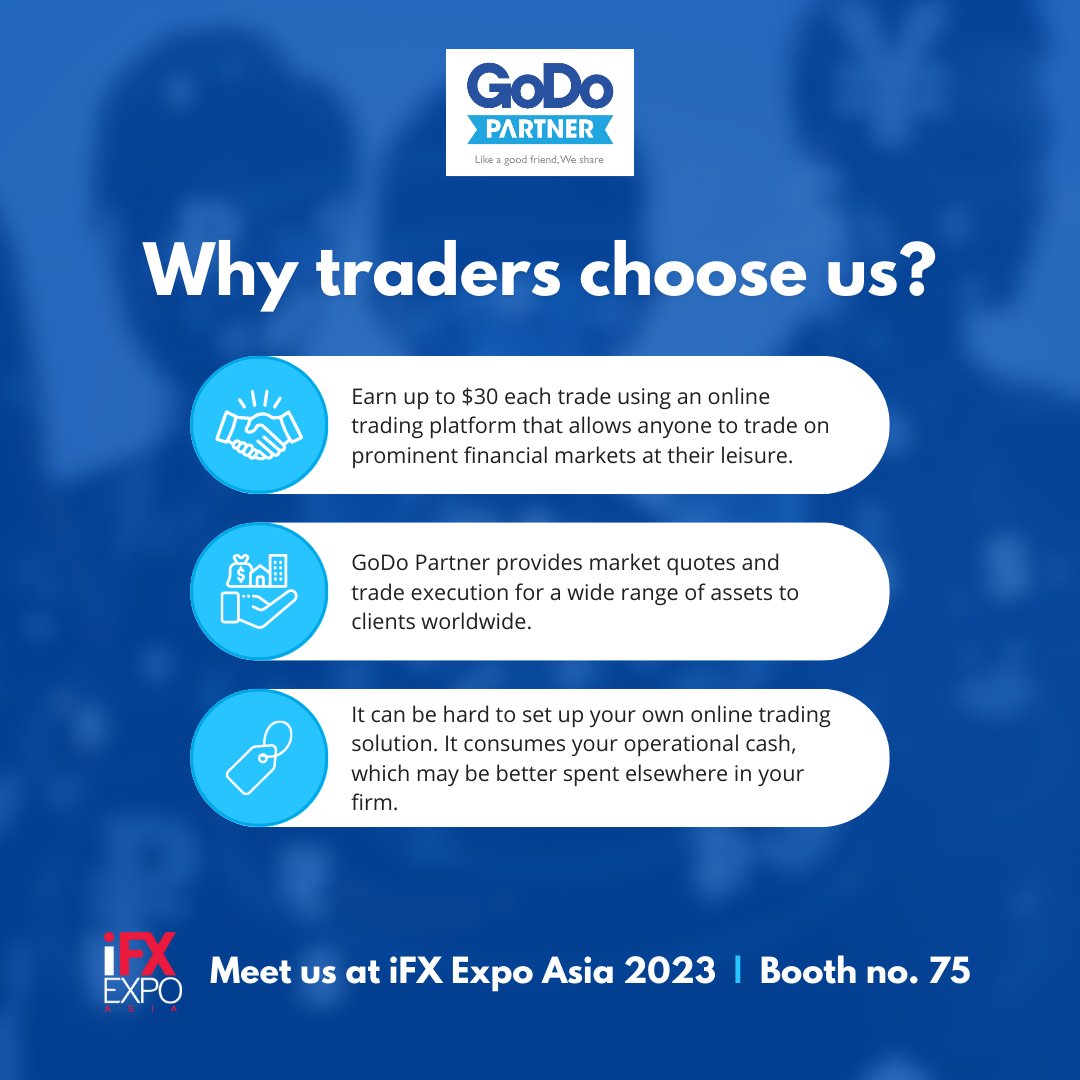 Meet us at iFX Expo Asia 2023 @ Booth no. 75 to learn about vast number of benefits and opportunities as a GoDo Partner. 

See you there!🤩
🎪 Booth No. 75  📆 20-22 June 2023 

#ifxexpo2023 #ifxexpo #ifxexpoasia2023 #godofx #godopartner #partnershipopportunities