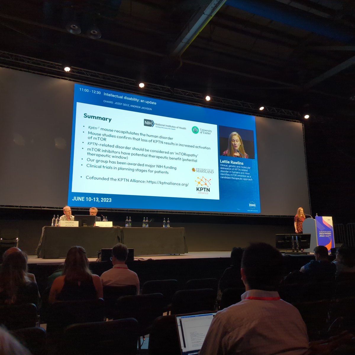 Lettie Rawlins in Hall 5 #ESHG2023 KPTN-related disorder is an AR mTORopathy with ID, macrocephaly +/- seizures Treatment with MTOR inhibitors have potential benefit with a window in Major @NIH funding with @UofMaryland to explore