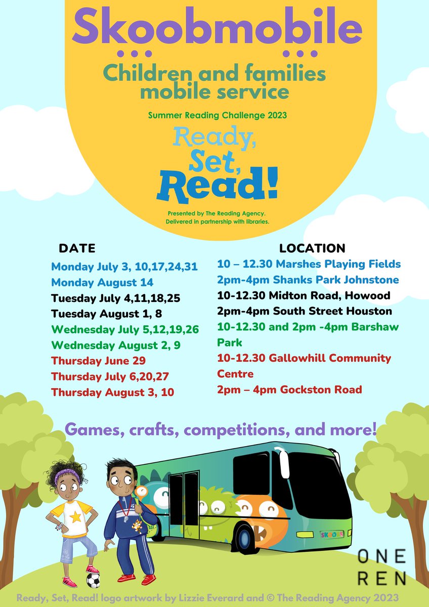 The Skoobmobile is out and about all through the summer 2023 school holidays. 

Hop on board for Summer Reading, games, crafts and more!

Click here for more info 👉 
bit.ly/2cXSm6QSkoobmo…

#SummerReadingChallenge
@WhatsOnRen
@RenCouncil
@paisleyis