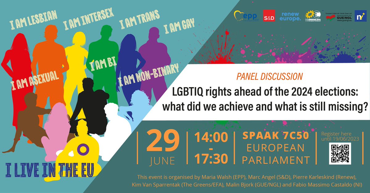 LGBTIintergroup's tweet photo. 🚨EVENT ALERT🚨
🏳️🌈🇪🇺 LGBTIQ Rights ahead of the 2024 elections
🗓 29 June: 14h-17:30h
📍European Parliament
📝Registration: https://t.co/EZGLOzqeTH
🤝Organised by @MariaWalshEU, @MarcAngel_lu, @Pierre_Ka, @kimvsparrentak, @MalinBjork_EU & @FMCastaldo
#QueerEvent #EU4LGBTIQ https://t.co/CvGi8A5kWM
