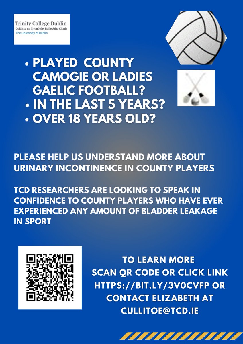 📢Still Recruiting📢 Played County Ladies Gaelic Football or Camogie within last 5 years? Experience urine leakage when you were playing? Over 18? TCD researchers looking to talk with players. See link bit.ly/3V0cvfp or poster to contact us. Thanks. Please RT