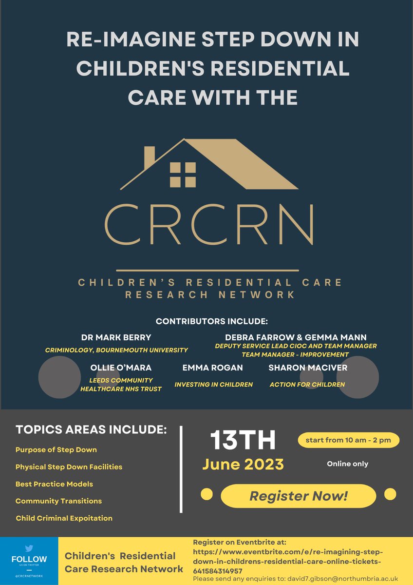 CRCRNetwork's tweet image. Our event on the ‘Re-Imagining of Step-Down in Children’s Residential Care’ has started… There is still time to join!!

Follow the link on the below poster or email david7.gibson@northumbria.ac.uk