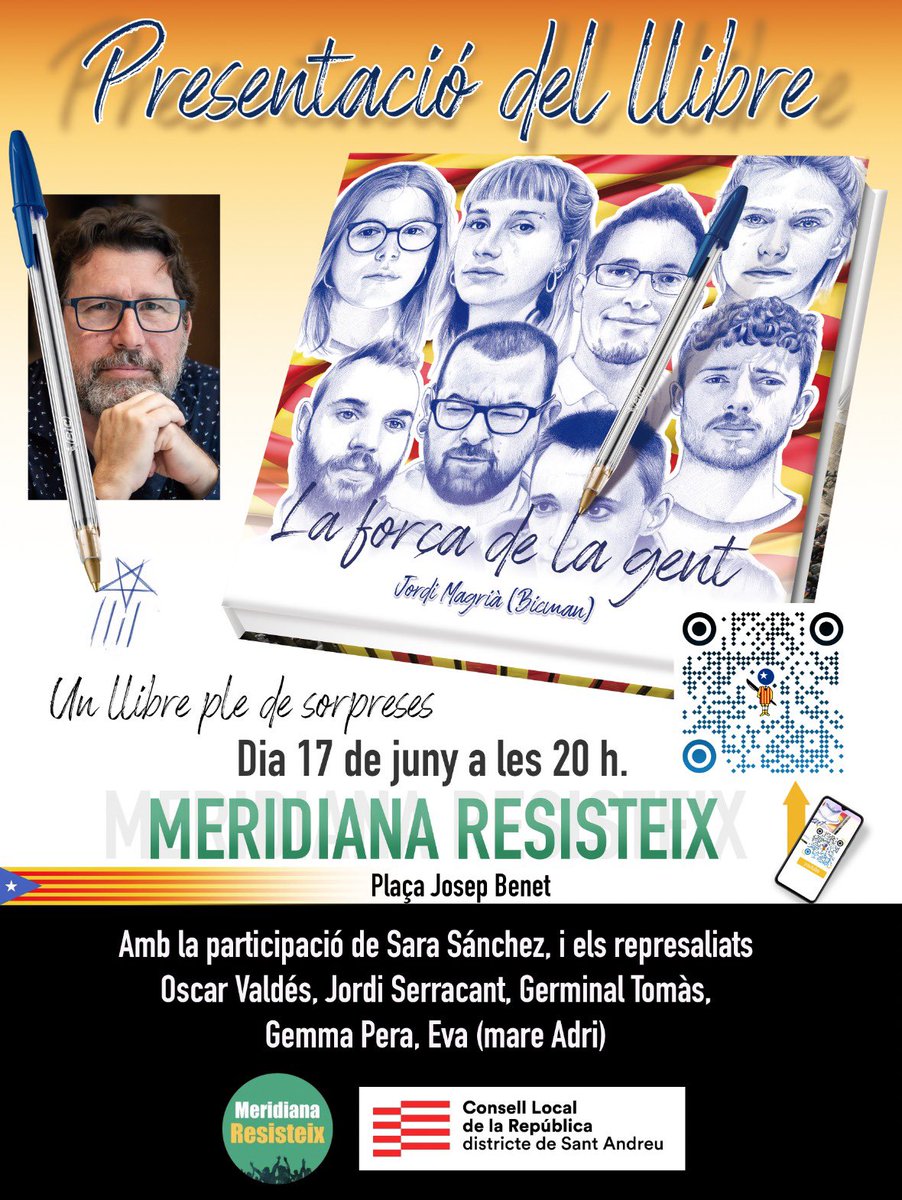 MeridianaResis1's tweet photo. Aquest dissabte 17,a les 20 h a tenim l'honor de dir-vos que ens fan una visita i presentació del llibre, Jordi Magrià (Bicman) i companyes represaliades.
Veniu,escolteu-los, col·laboreu en la compra del llibre i us signaran els que tingueu!

Som 👇🏻
La força de la gent https://t.co/6Cvcquoaci