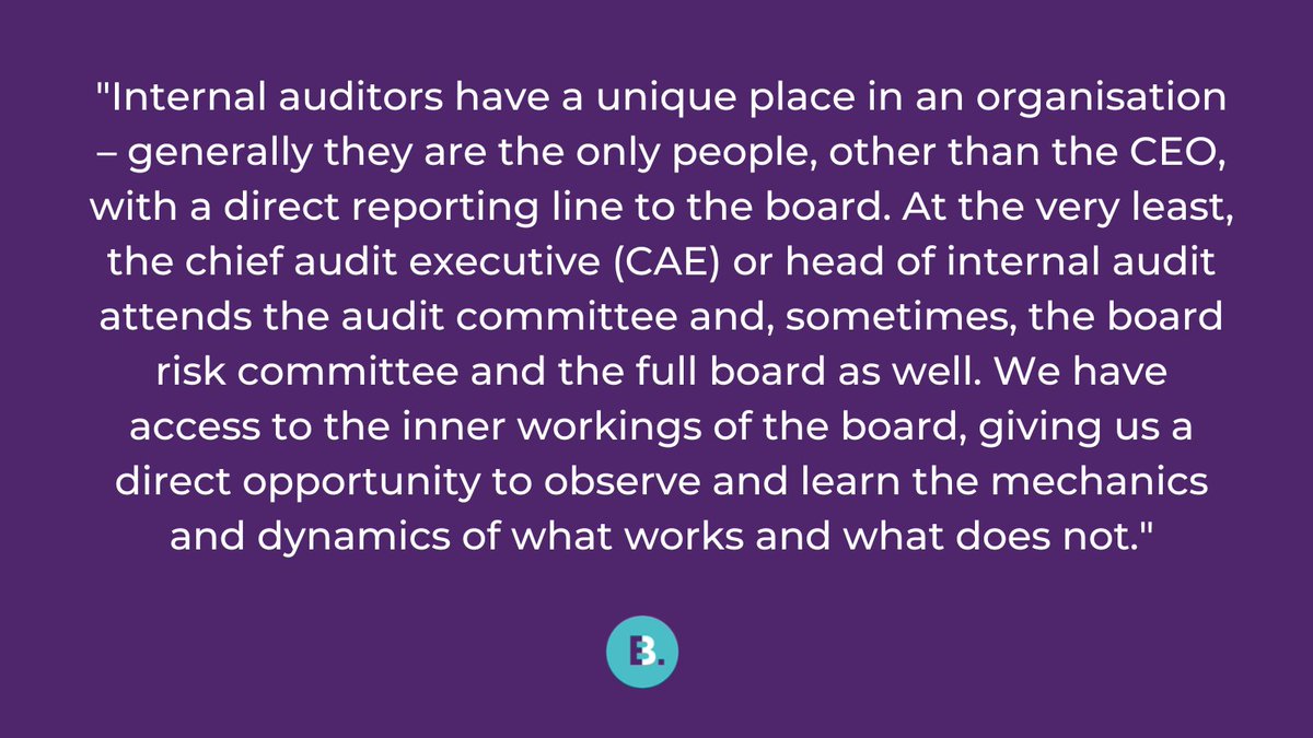In a recent blog, Carolyn Clarke questions why so few internal auditors become Non-Executive Directors?

braveconsultancy.co.uk/why-do-so-few-…

#bravewithin #internalaudit #boardeffectiveness  #goodgovernance