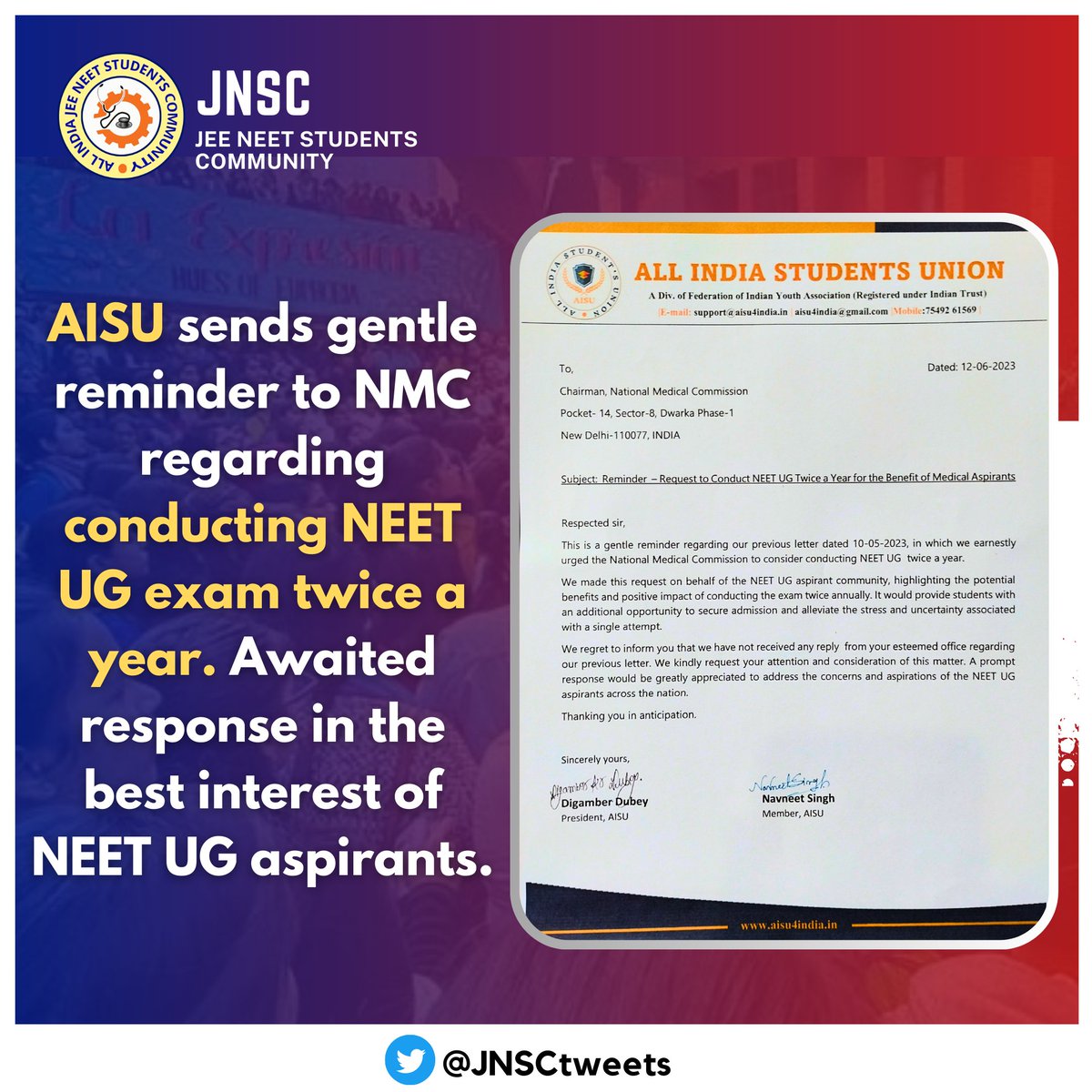 JNSCtweets's tweet photo. @Official_AISU sends gentle reminder to NMC regarding conducting NEET UG exam twice a year. Awaited response in the best interest of NEET UG aspirants.
#NEETUG2023 #NEETUG2NDATTEMPT https://t.co/MCOJGlNrA2