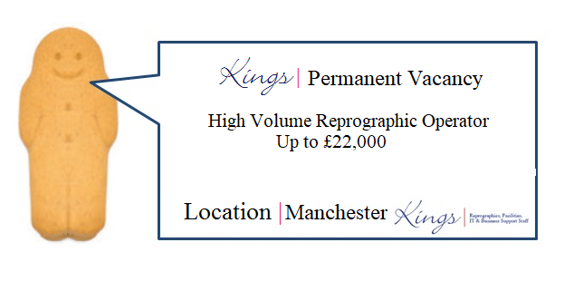 ** NEW PERM ROLE **  High Volume Reprographic Operator in Manchester responsible for printing, finishing, post & couriers.  For more information call Kings on 020 8303 2525 #permanentjobs #permjobs #manchesterjobs #jobseekers #jobalert #jobavailable #jobopportunity