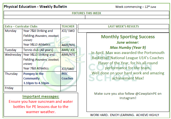 Our PE weekly bulletin - Monday 12th June 2023.