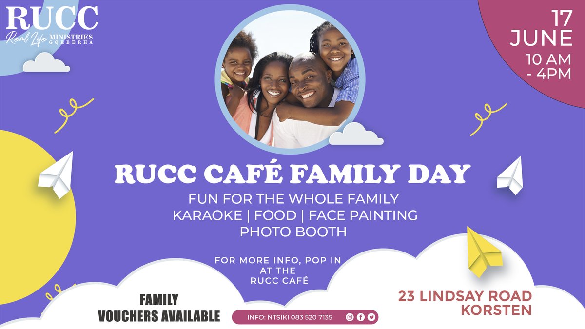 Get ready for a spectacular celebration of Father's Day on Saturday June 17th, 2023! Come and join us for the RUCC Cafe Family Fun Day filled with endless fun, excitement, and laughter! 

See poster for info! 

#FathersDay #FamilyFunDay #RUCCCafe #Family #RUCCMinistriesGqeberha