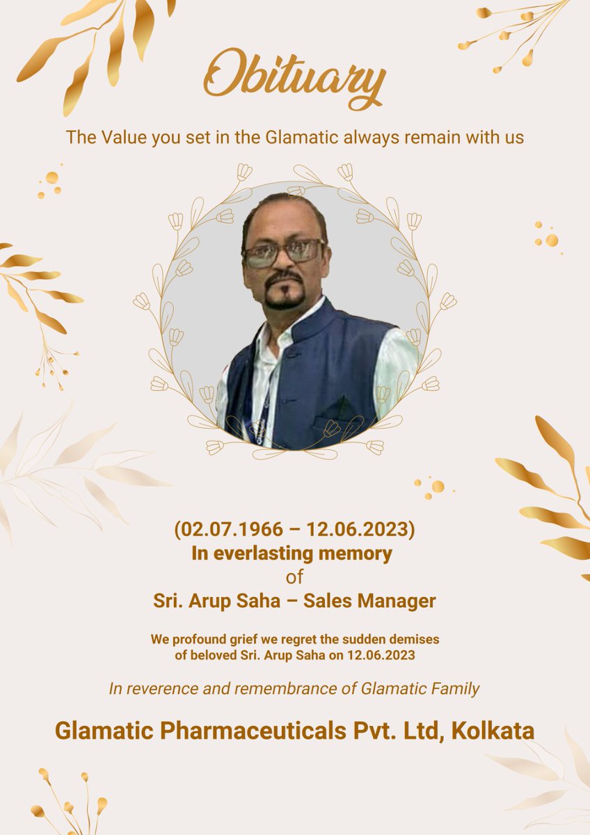 GlamaticPharma's tweet photo. In Memory of Mr. Arup Saha... 🙏🙏🙏 https://t.co/YEBq4DQVO4