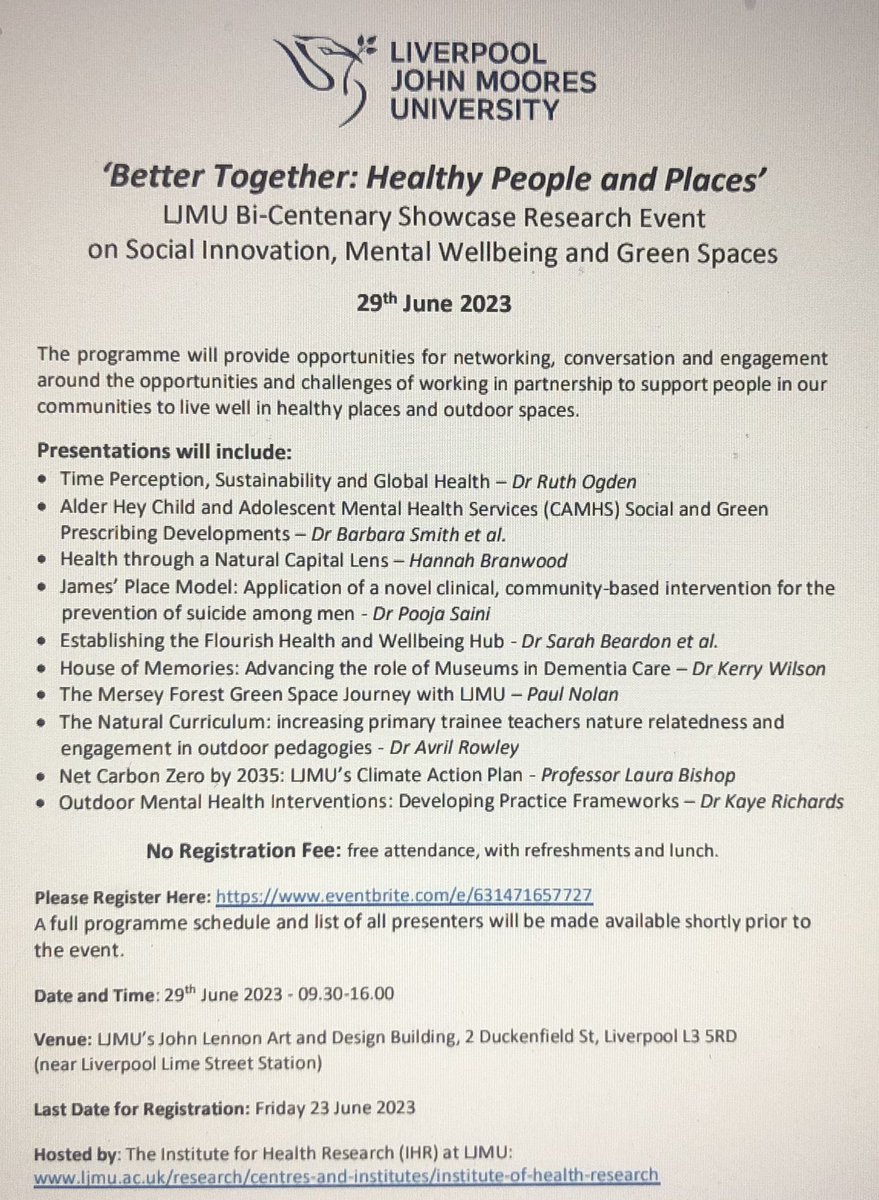 Come join us at Liverpool John Moores University Showcase Research Event – ‘Better Together: Healthy People and Places’ - Thursday 29th June 2023, Hosted by @LJMU_IHR @LJMUPsychology. All welcome and no registration fee, register here eventbrite.com/e/631471657727