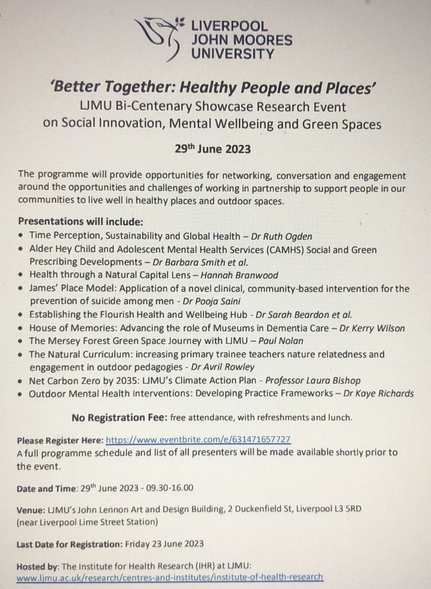 Come join us at Liverpool John Moores University Showcase Research Event – ‘Better Together: Healthy People and Places’ - Thursday 29th June 2023, Hosted by <a href="/LJMU_IHR/">LJMU Institute for Health Research</a> <a href="/LJMUPsychology/">LJMU Psychology</a>.  All welcome and no registration fee, register here eventbrite.com/e/631471657727