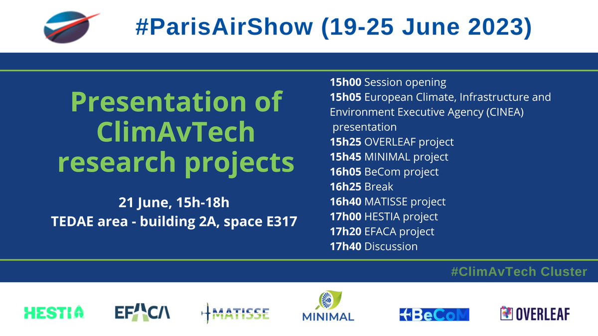 hestia_project's tweet photo. #ParisAirShow: Join HESTIA & the other projects of the #ClimAvTech cluster (@minimal_project, @overleaf_eu, @EFACAProject, MATISSE, BeCoM) for a presentation of our research on #SustainableAviation! See you on Wed 21/06, 3pm @TedaeEs's stand (building 2A, area E317) https://t.co/7wuiNcsFQX